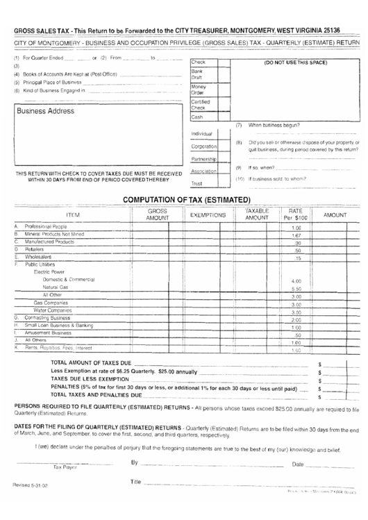 Business And Occupation Privilege Form (Gross Sales) Tax - Quarterly (Estimate) Return - State Of West Virginia Printable pdf