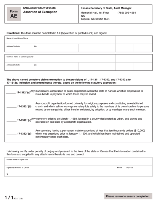 Assertion Of Exemption Form Printable pdf