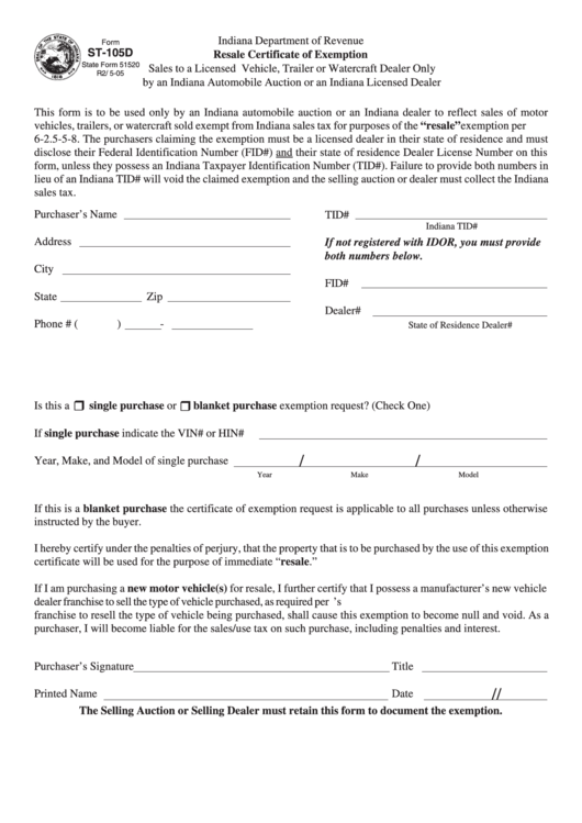 Form St-105d - Resale Certificate Of Exemption Printable pdf