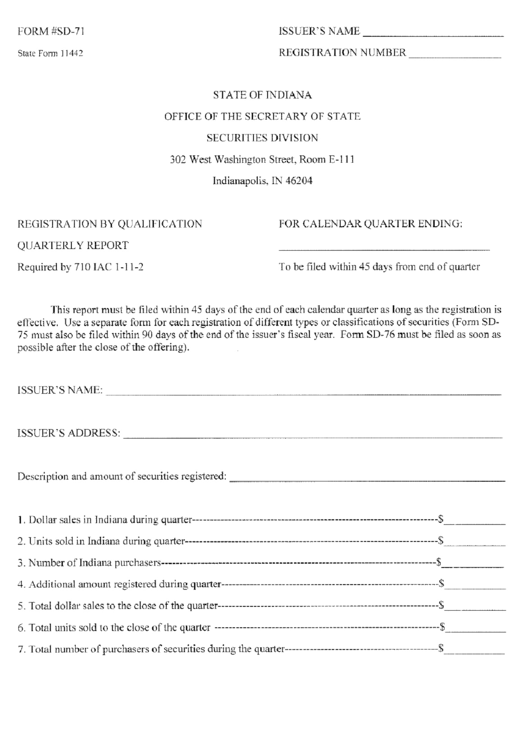 Form Sd-71 - Registration By Qualification Quarterly Report Form Printable pdf