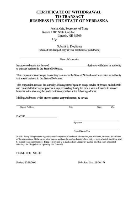 Fillable Certificate Of Withdrawal To Transact Business Printable pdf