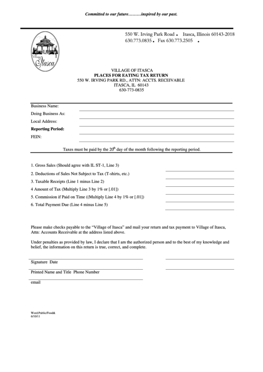 Food & Bev Tax Return Form - Village Of Itasca Printable pdf