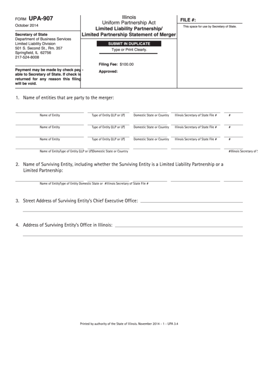Fillable Form Upa-907 - Limited Liability Partnership/ Limited Partnership Statement Of Merger 2014 Printable pdf