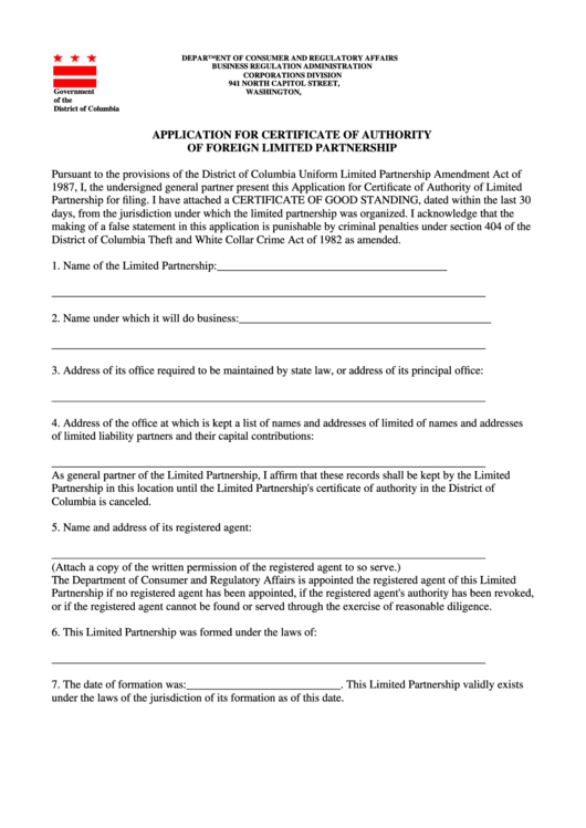 Form Application For Certificate Of Authority Of Foreign Limited Partnership Printable pdf