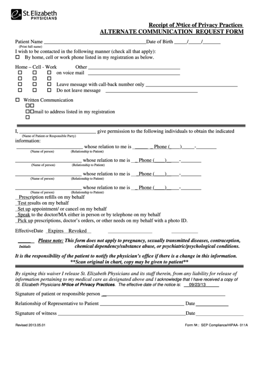 Sep Compliance/hipaa- 011a - Receipt Of Notice Of Privacy Practices Alternate Communication Request Form Printable pdf