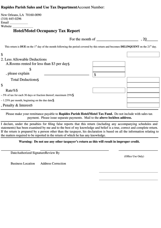 Hotel/motel Occupancy Tax Report Form Printable pdf