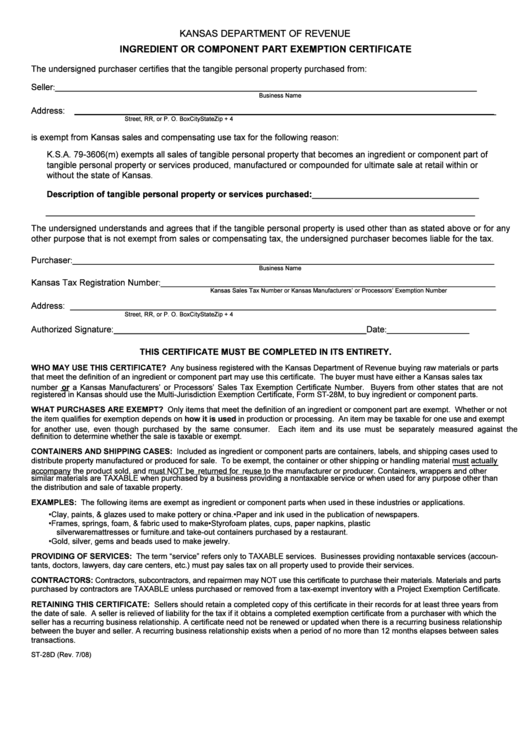 Form St-28d - Ingredient Component Part Exemption Printable pdf