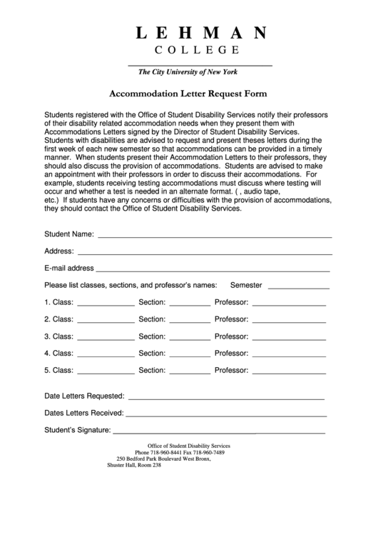 Accommodation Letter Request Form Printable pdf