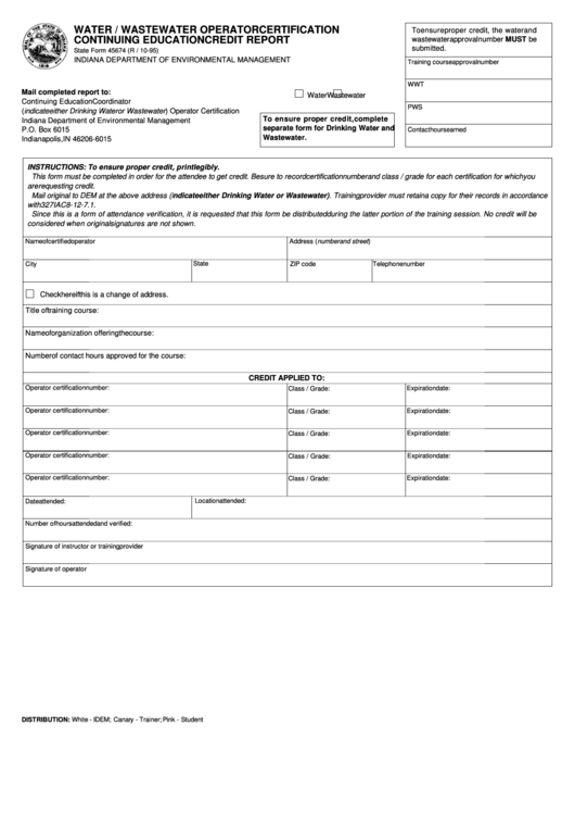 Fillable Form 45674 Water / Wastewater Operator Certification