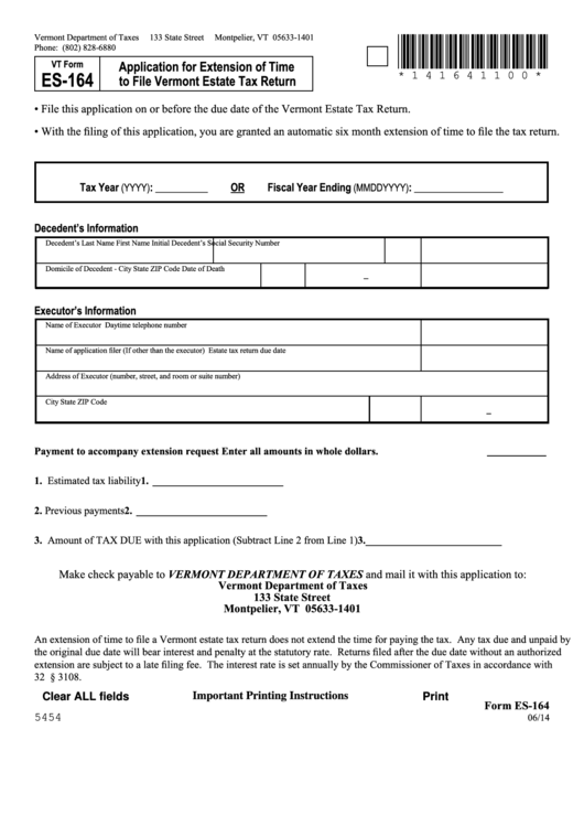 Fillable Form Es-164 - Application For Extension Of Time To File Vermont Estate Tax Return Printable pdf
