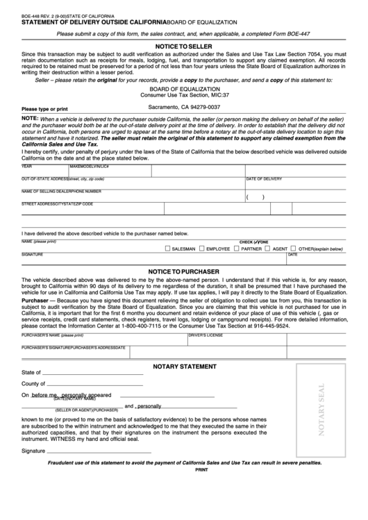 Fillable Form Boe-448 - Statement Of Delivery Outside California Printable pdf