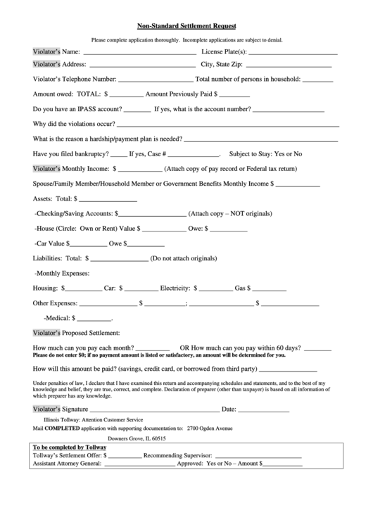 Non-Standard Settlement Request Form - State Of Illinois Printable pdf