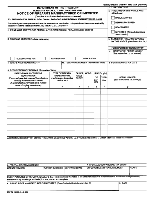 Form Atf-F2 - Notice Of Firearms Manufactured Or Imported Printable pdf
