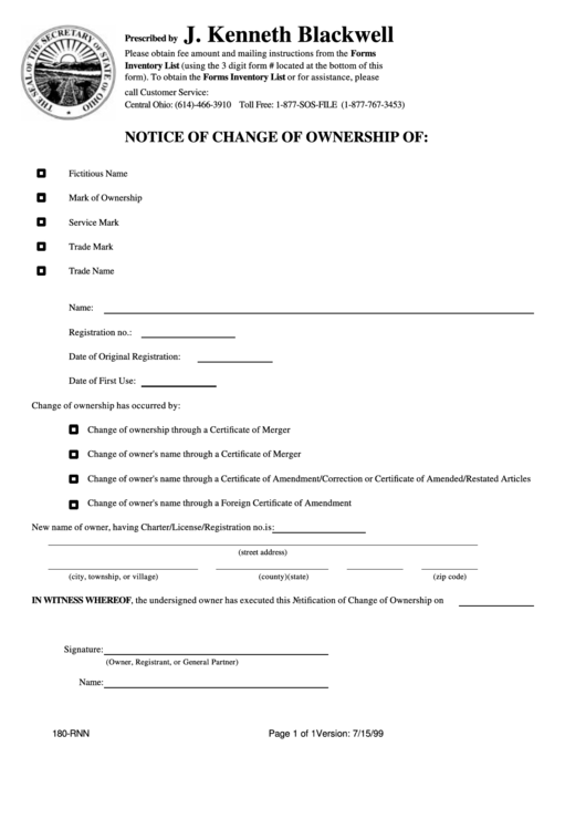 Form 180-Rnn - Notice Of Change Of Ownership Printable pdf