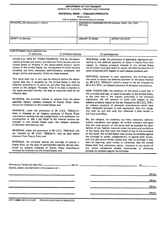 Form Atf F 2986 - Defernal Bond - Tobacco Products Printable pdf