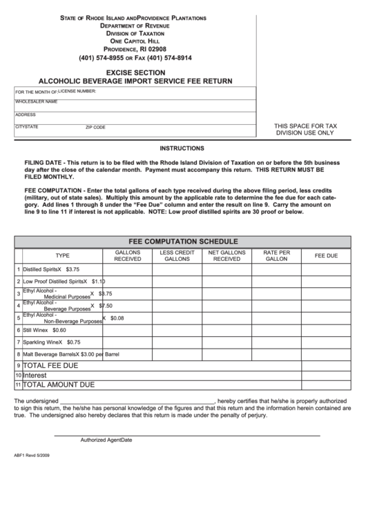 Form Abf1 - Excise Section Alcoholic Beverage Import Service Fee Return Printable pdf