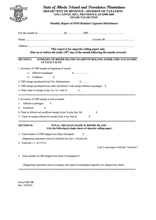 Form Crp-Nr - Monthly Report Of Non-Resident Cigarette Distributors Printable pdf