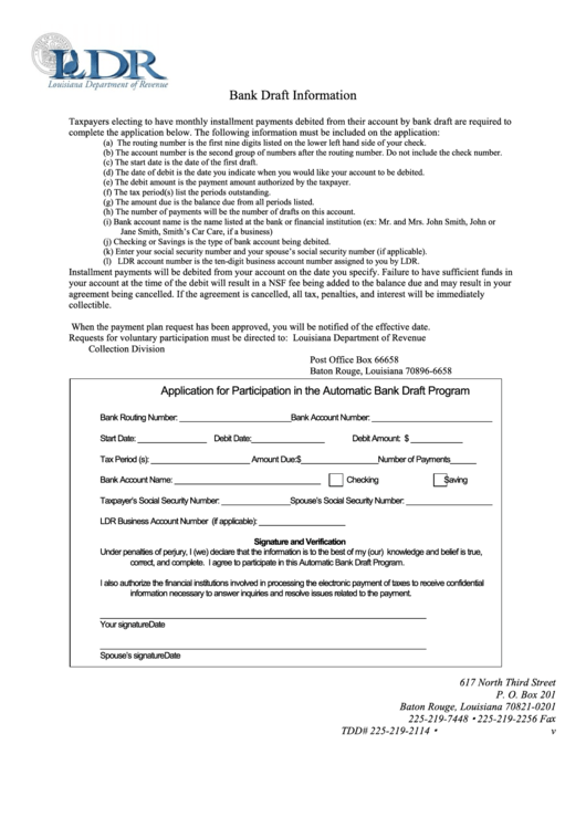 Bank Draft Information And Application Form For Participation In The Automatic Bank Draft Program Printable pdf