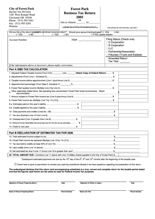 Business Tax Return Form - City Of Forest Park Income Tax Division - 2005 Printable pdf