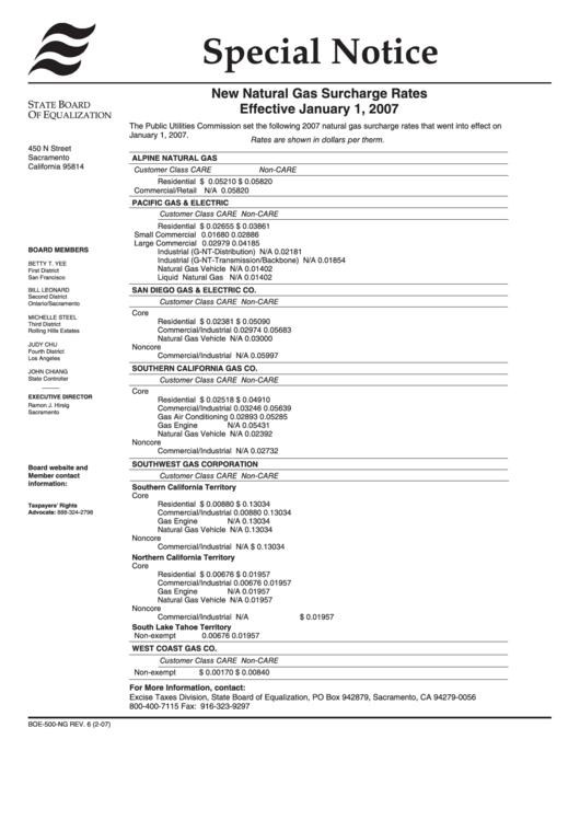Form Boe-500-Ng - New Natural Gas Surcharge Rates For 2007 Printable pdf