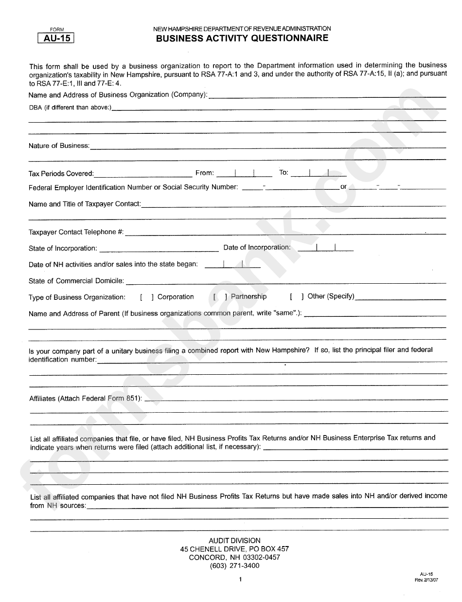 Form Au-15 - Business Activity Questionnaire