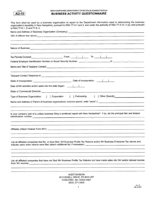 Form Au-15 - Business Activity Questionnaire Printable pdf