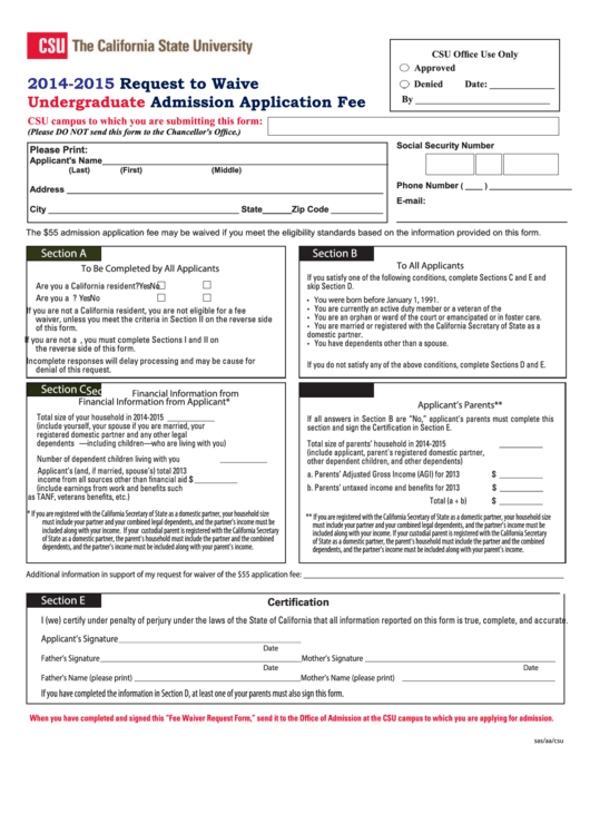 2014-2015 Request To Waive Undergraduate Admission Application Fee Form Printable pdf