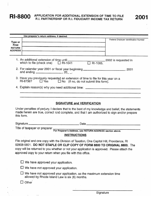 Form Ri-8800 - Application For Additional Extension Of Time To File R.i. Partnership Or R.i. Fiduciary Income Tax Return Form (2001) - Division Of Taxation - Providence Printable pdf