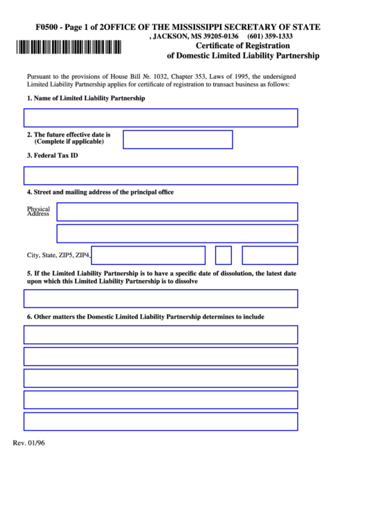 Fillable Form F0500 - Certificate Of Registration Of Domestic Limited Liability Partnership Printable pdf