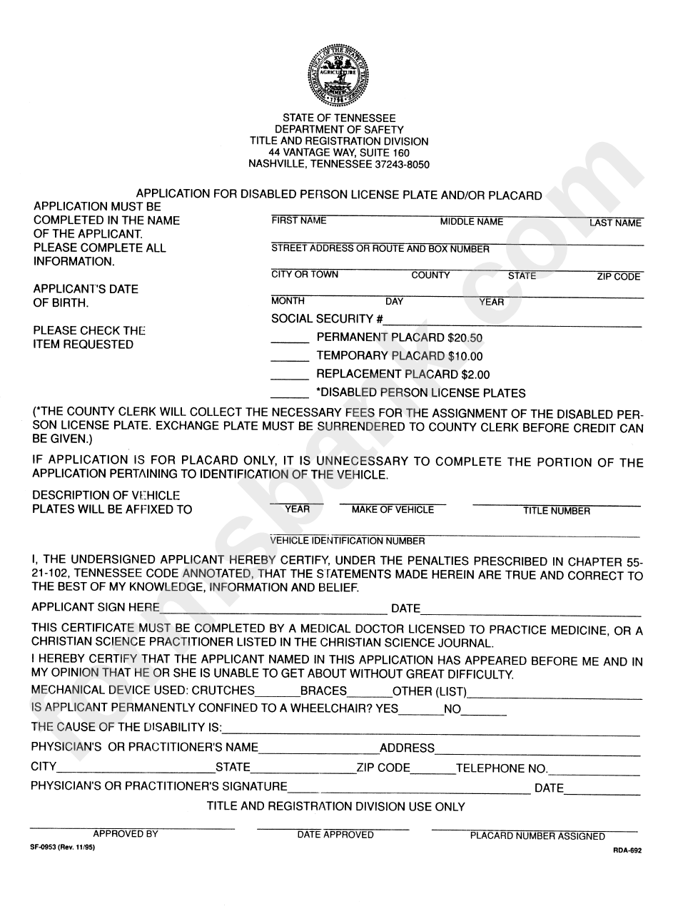 Form Sf-0953 - Application For Disabled Person License Plate And/or Placard Form - Department Of Safety - Tennessee