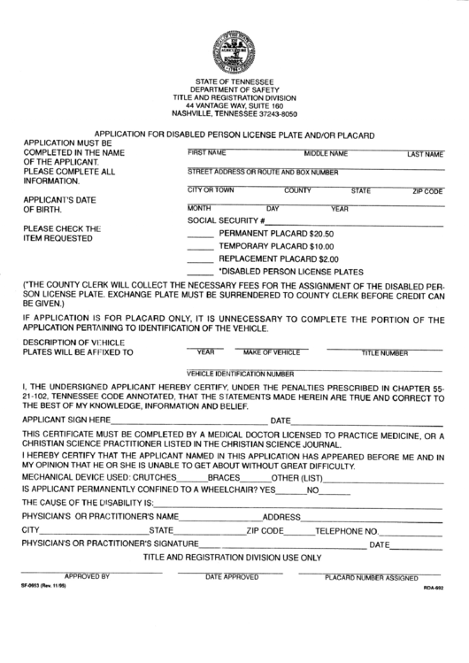 Form Sf-0953 - Application For Disabled Person License Plate And/or Placard Form - Department Of Safety - Tennessee Printable pdf