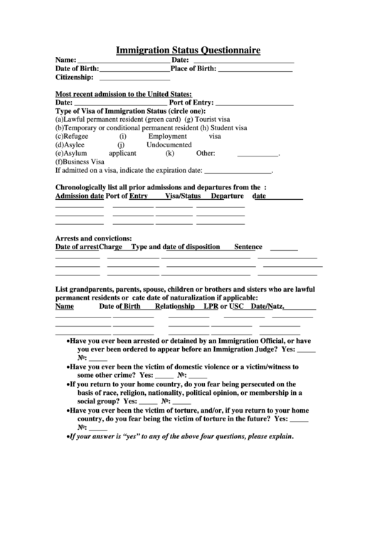 Immigration Status Questionnaire Printable pdf