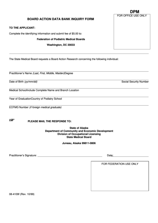 Form 08-4109f - Board Action Data Bank Inquiry Form - Department Of Community And Economic Development - Alaska Printable pdf