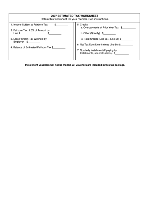 2007 Estimated Tax Worksheet Printable pdf