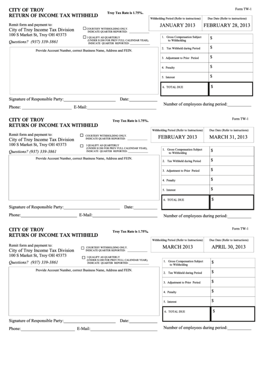 Form Tw-1 - Return Of Income Tax Withheld - City Of Troy - 2013 Printable pdf
