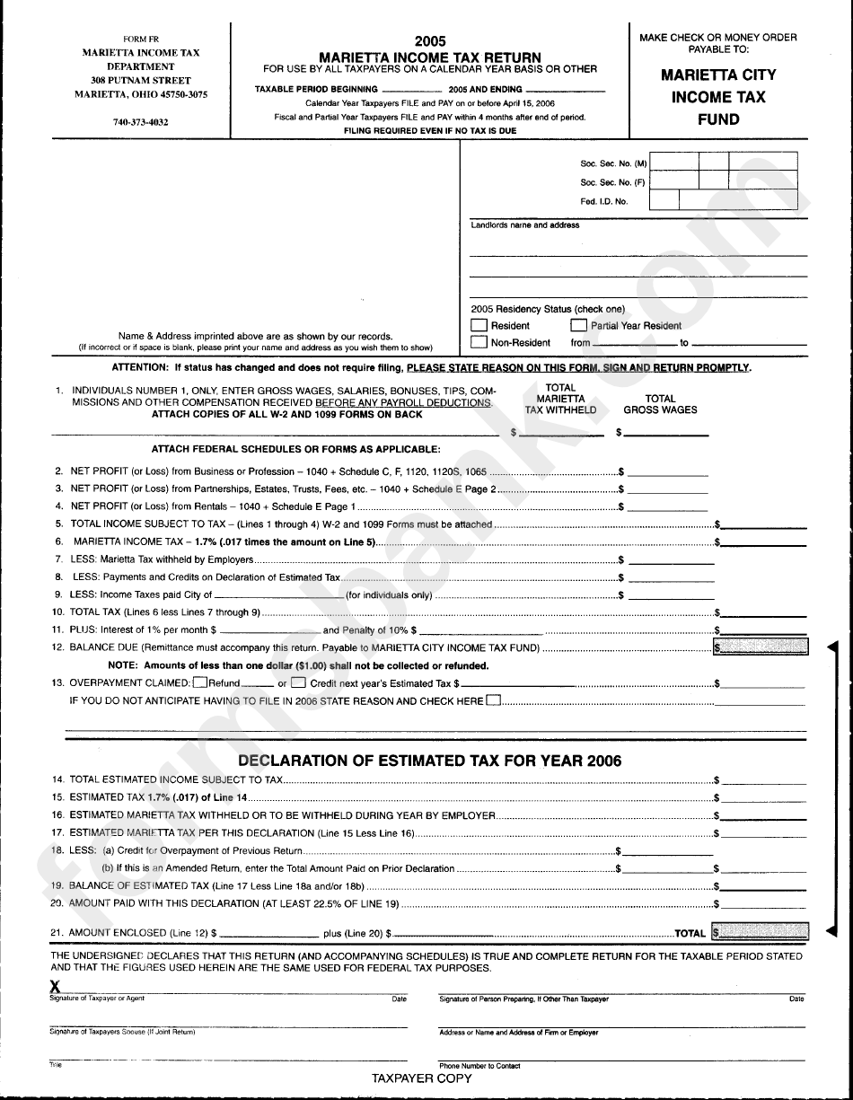 Form Fr - 2005 Marietta Income Tax Return