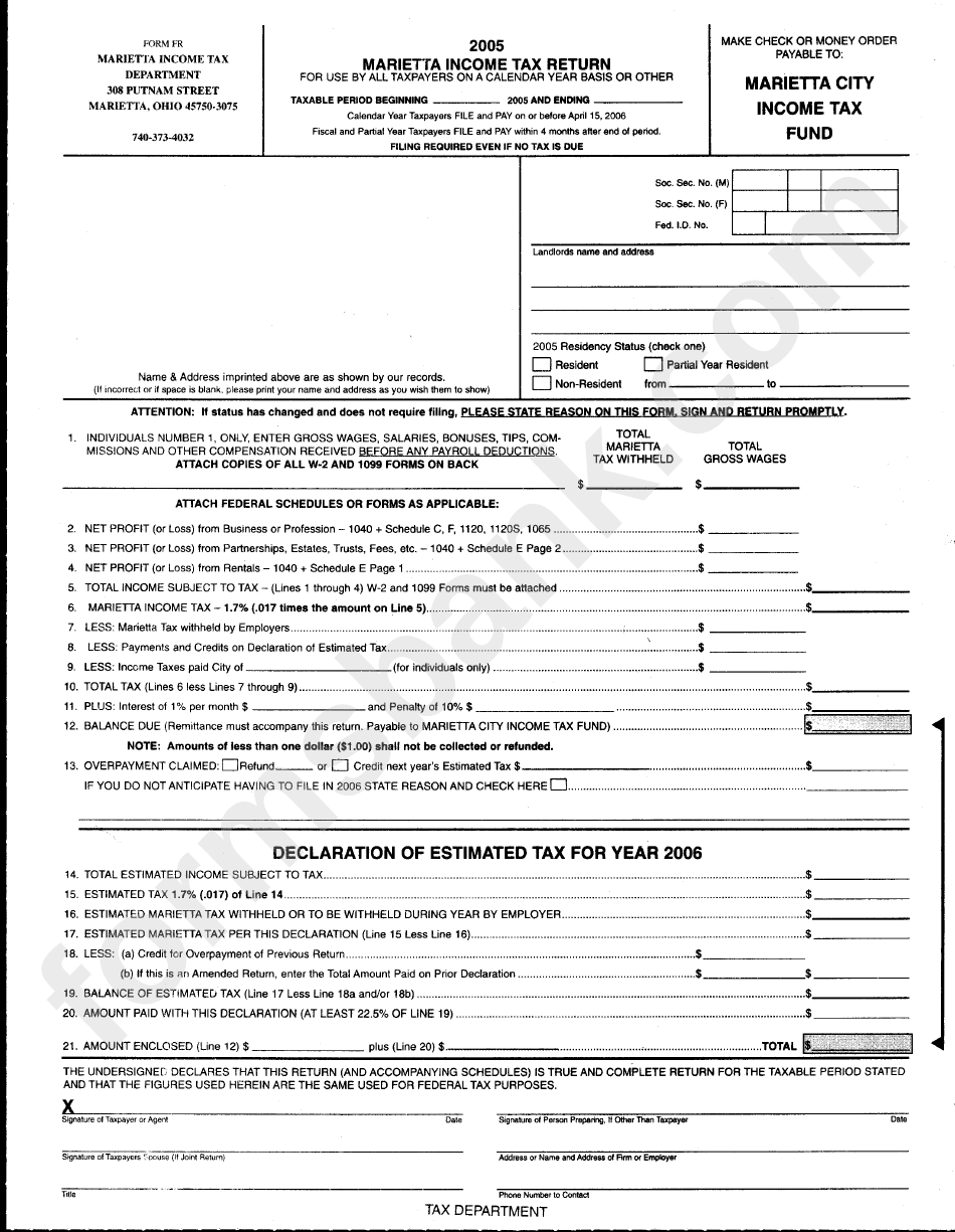 Form Fr - 2005 Marietta Income Tax Return