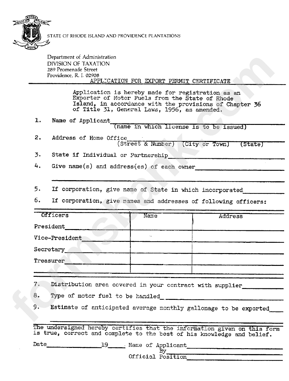 Application For Export Permit Certificate Form