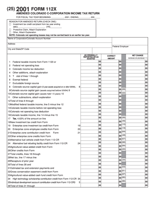 Form 112x Amended Colorado CCorporation Tax Return Form (2001