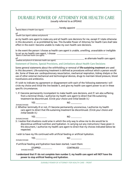 Fillable Durable Power Of Attorney For Health Care Form Dpoah