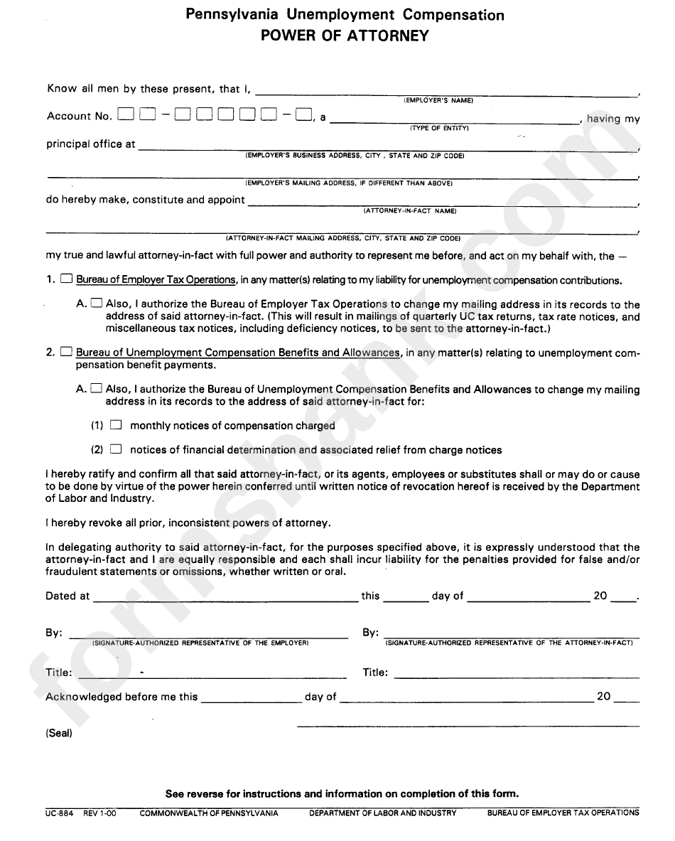 Form Uc-884 - Pennsylvania Unemployment Compensation - Power Of Attorney - Department Of Labor And Industry