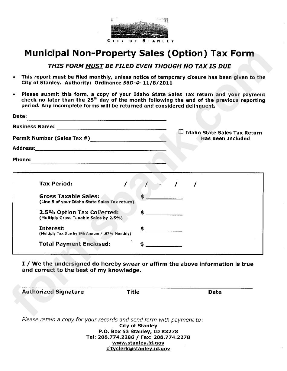 Municipal Non-Property Sales (Option) Tax Form - City Of Stanley - Idaho