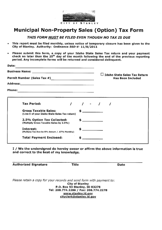 Municipal Non-Property Sales (Option) Tax Form - City Of Stanley - Idaho Printable pdf
