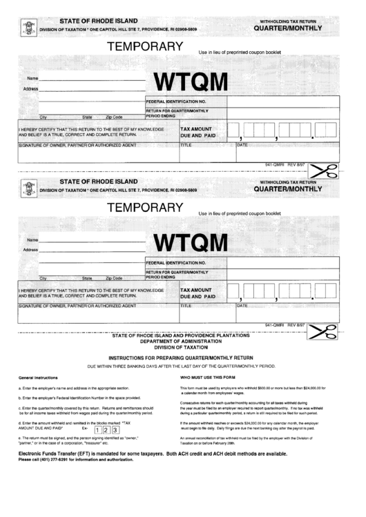 Withholding Tax Return Form - Division Of Taxation - Providence - Rhode Island Printable pdf