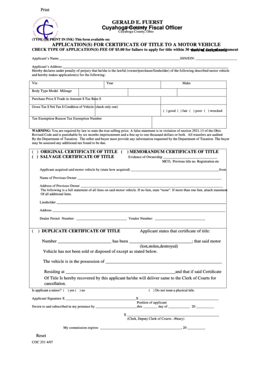 Fillable Application For Certificate Of Title For Motor Vehicle Form Printable pdf
