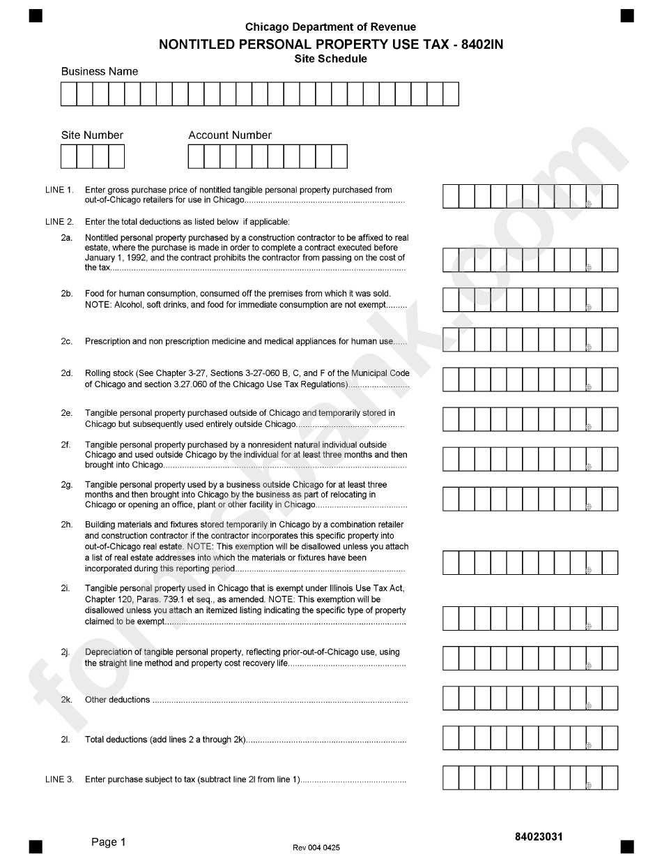 Form 8402 - Nontitled Personal Property Use Tax - Chicago Department Of Revenue - Illinois