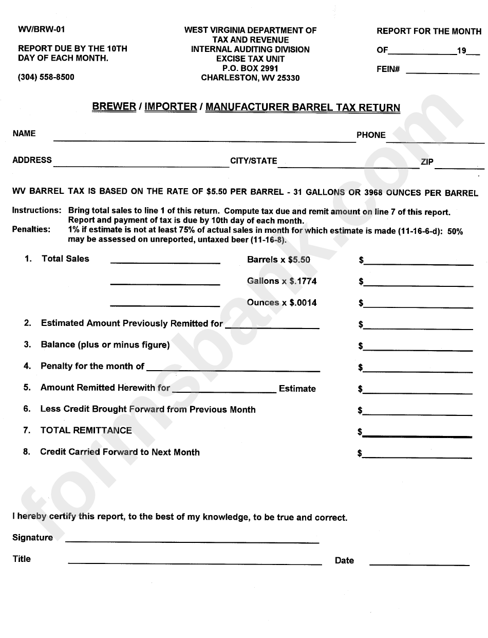 Form Wv/brw-01 - Brewer / Importer / Manufacturer Barrel Tax Return - West Virginia Department Of Tax And Revenue - Charleston