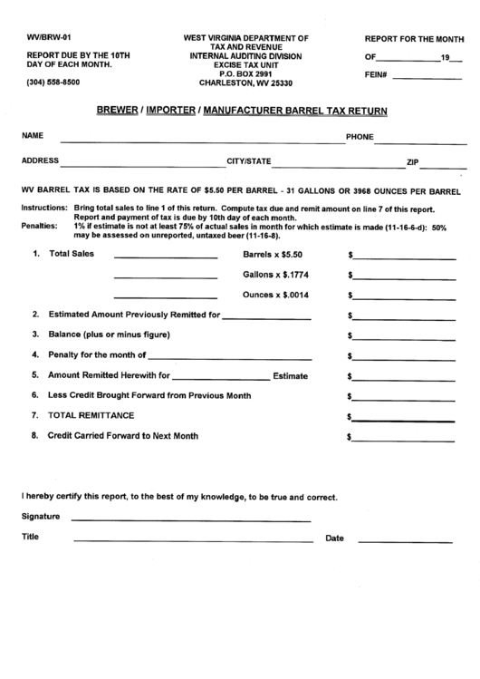 Form Wv/brw-01 - Brewer / Importer / Manufacturer Barrel Tax Return - West Virginia Department Of Tax And Revenue - Charleston Printable pdf