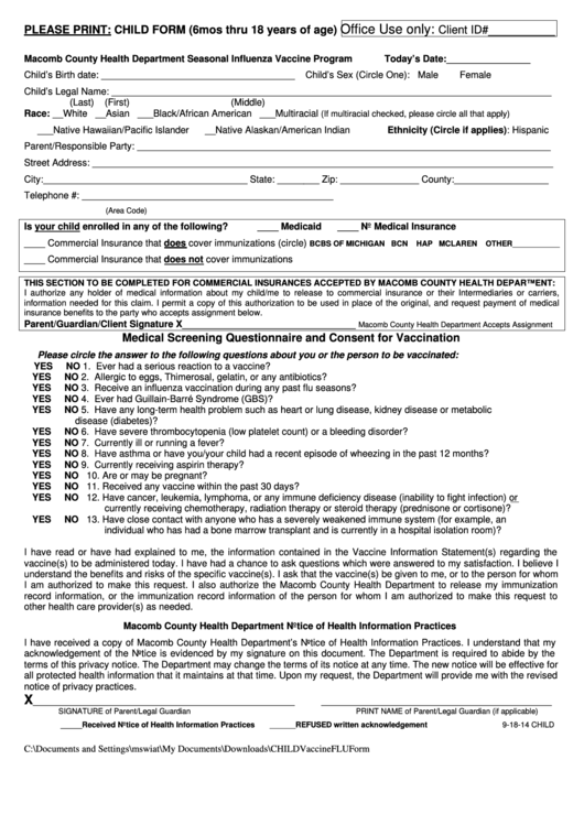 Seasonal Influenza Vaccine Program - Child Form (6mos Thru 18 Years Of Age) Printable pdf