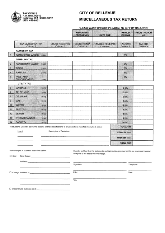 Miscellaneous Tax Return Form - Tax Office - City Of Bellevue - Washington Printable pdf